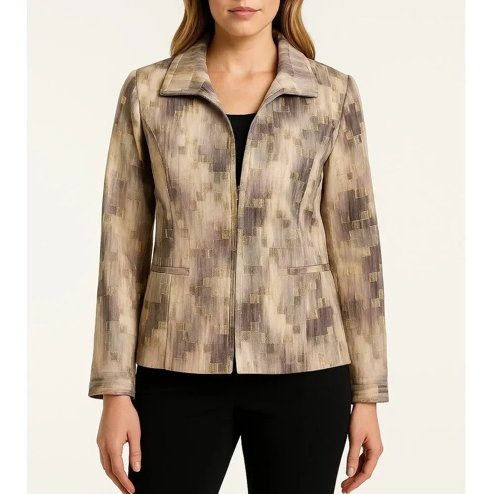 Chico’s Elegant Print Petra Jacket Ivory Purple Gray Size 2 (L/12)